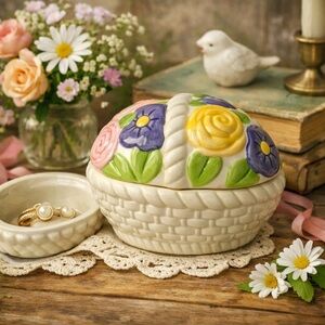 Vintage Hallmark Ceramic Floral Egg Trinket Box Basket Easter Cottagecore New